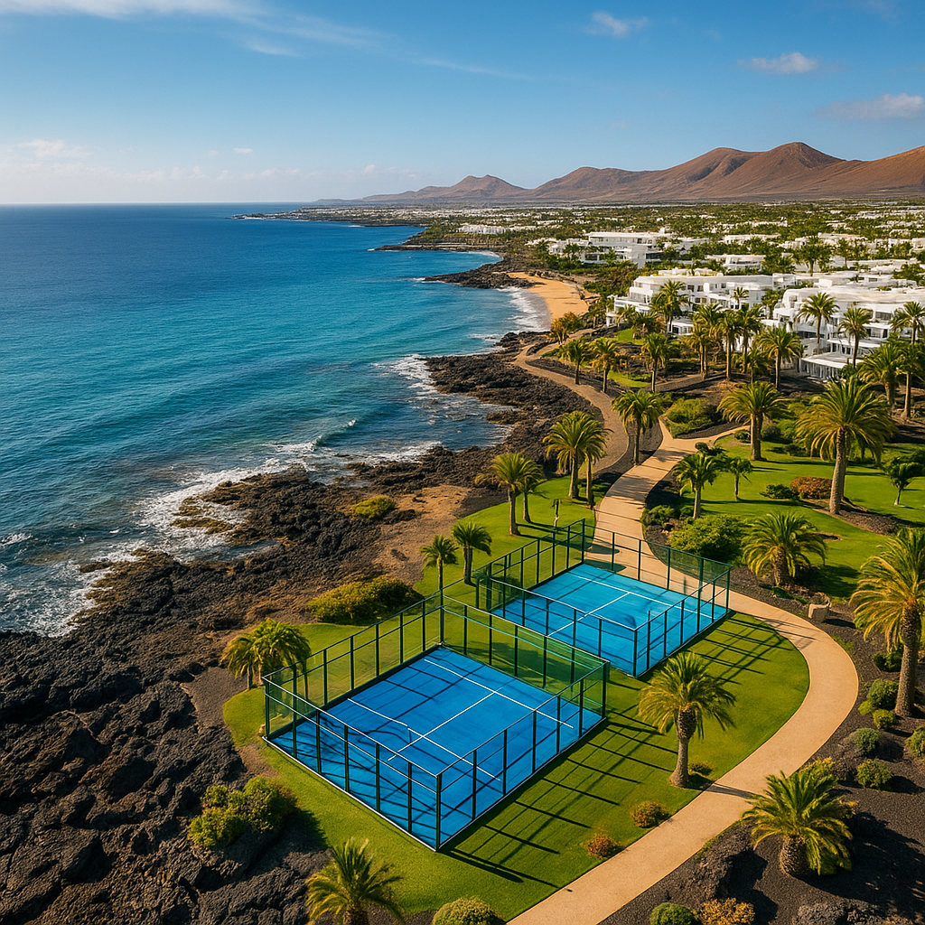 Aerial view of Lanzarote coastline with padel courts